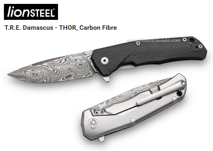 Lion Steel TRE DT FC Thor Flipper Framelock Knife, Damascus, Carbon Fiber/Titanium